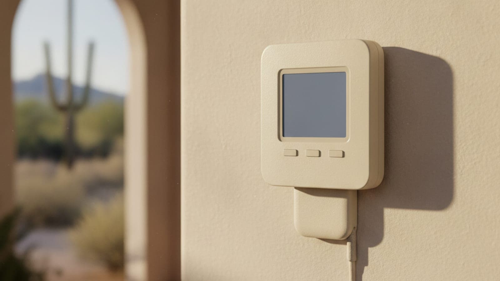 Termostato de pared en el pasillo de una casa de Tucson con la cálida luz de la tarde entrando por una ventana sobre la pared