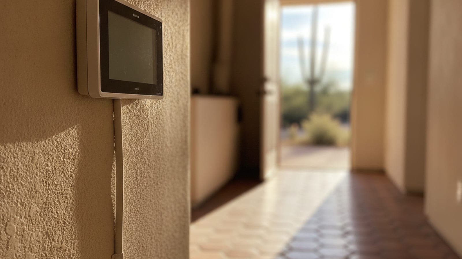 Termostato digital en la pared de una casa de Tucson con piso de mosaico y luz del desierto