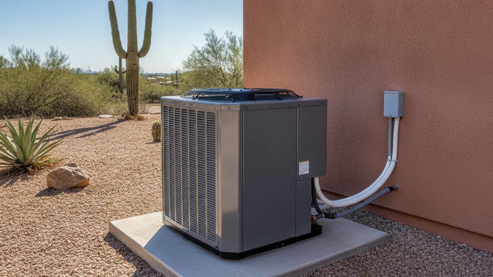 Condensador exterior de aire acondicionado sobre una base de concreto junto a una casa de estuco en Tucson, con un saguaro al fondo