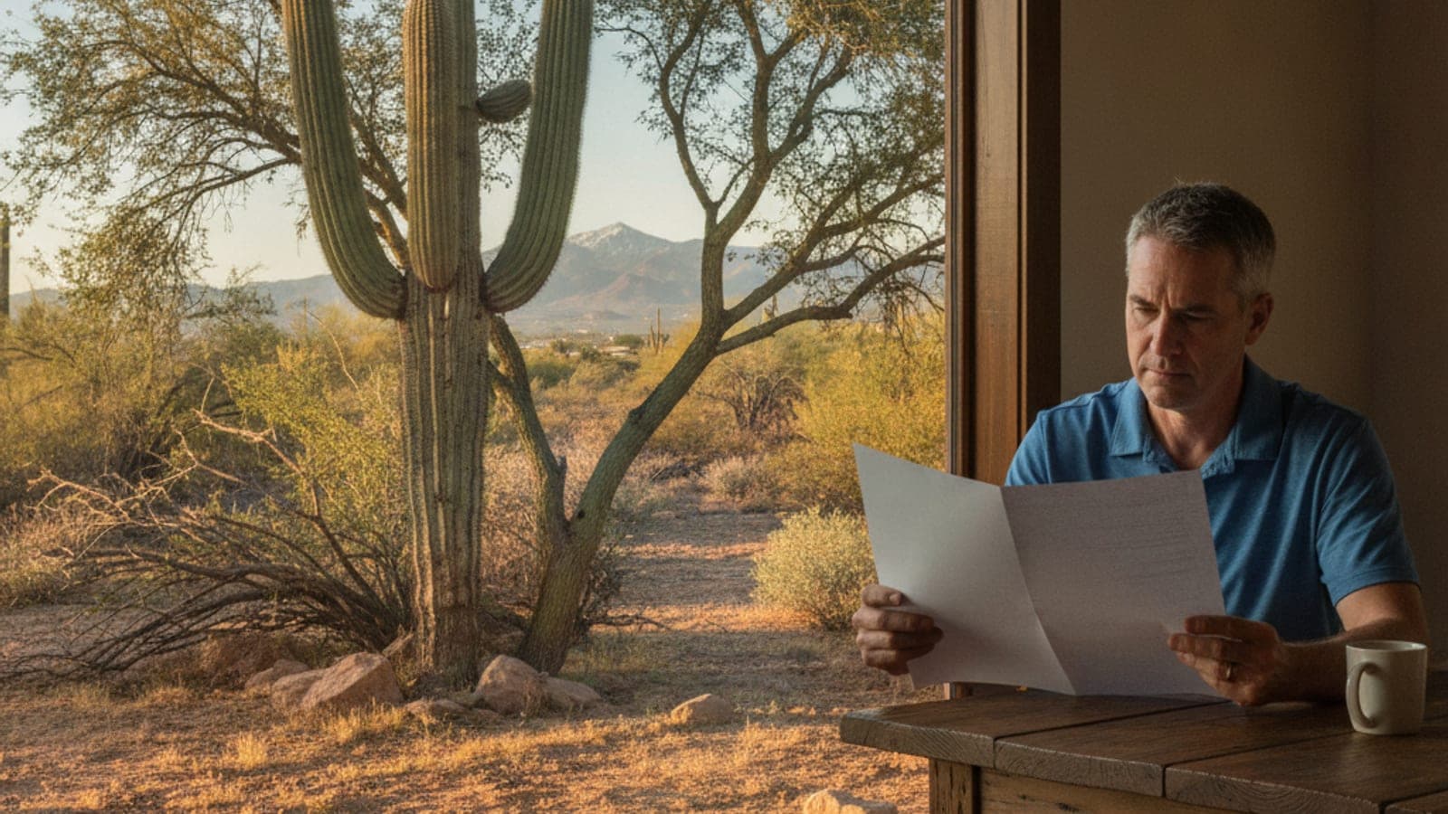 Dueño de casa revisando una cotización en papel en una mesa junto a una ventana con un saguaro y un palo verde afuera bajo la luz de Tucson