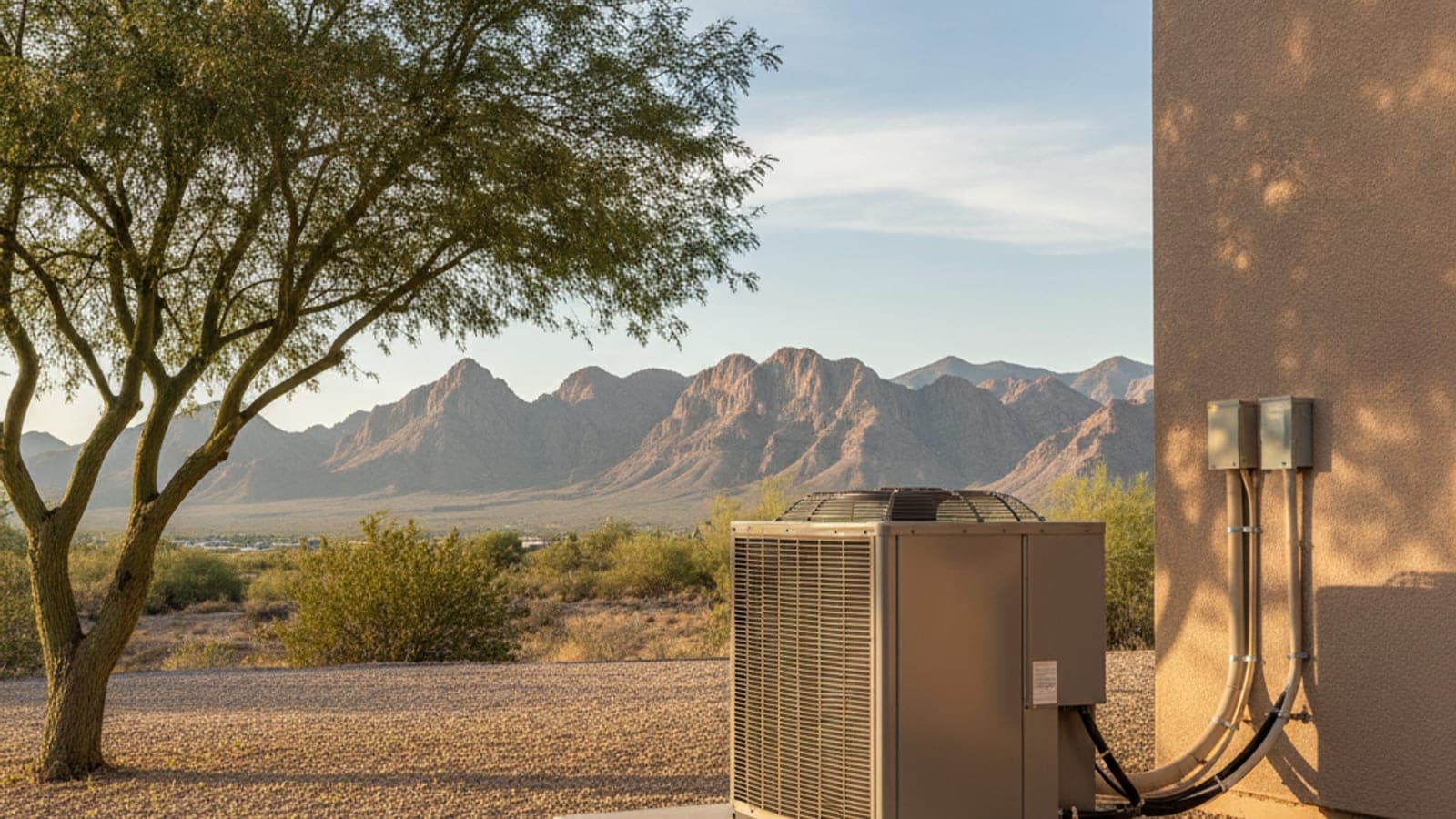 Condensador de bomba de calor sobre una base junto a una casa de estuco en Tucson, con un palo verde y un cielo azul despejado de desierto