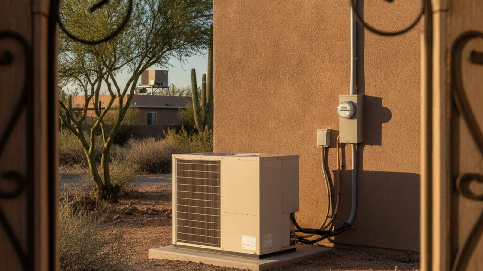 Casa de estuco en Tucson con una unidad compacta en el techo y un condensador sobre el suelo a la vista, con un saguaro al frente bajo un cielo azul