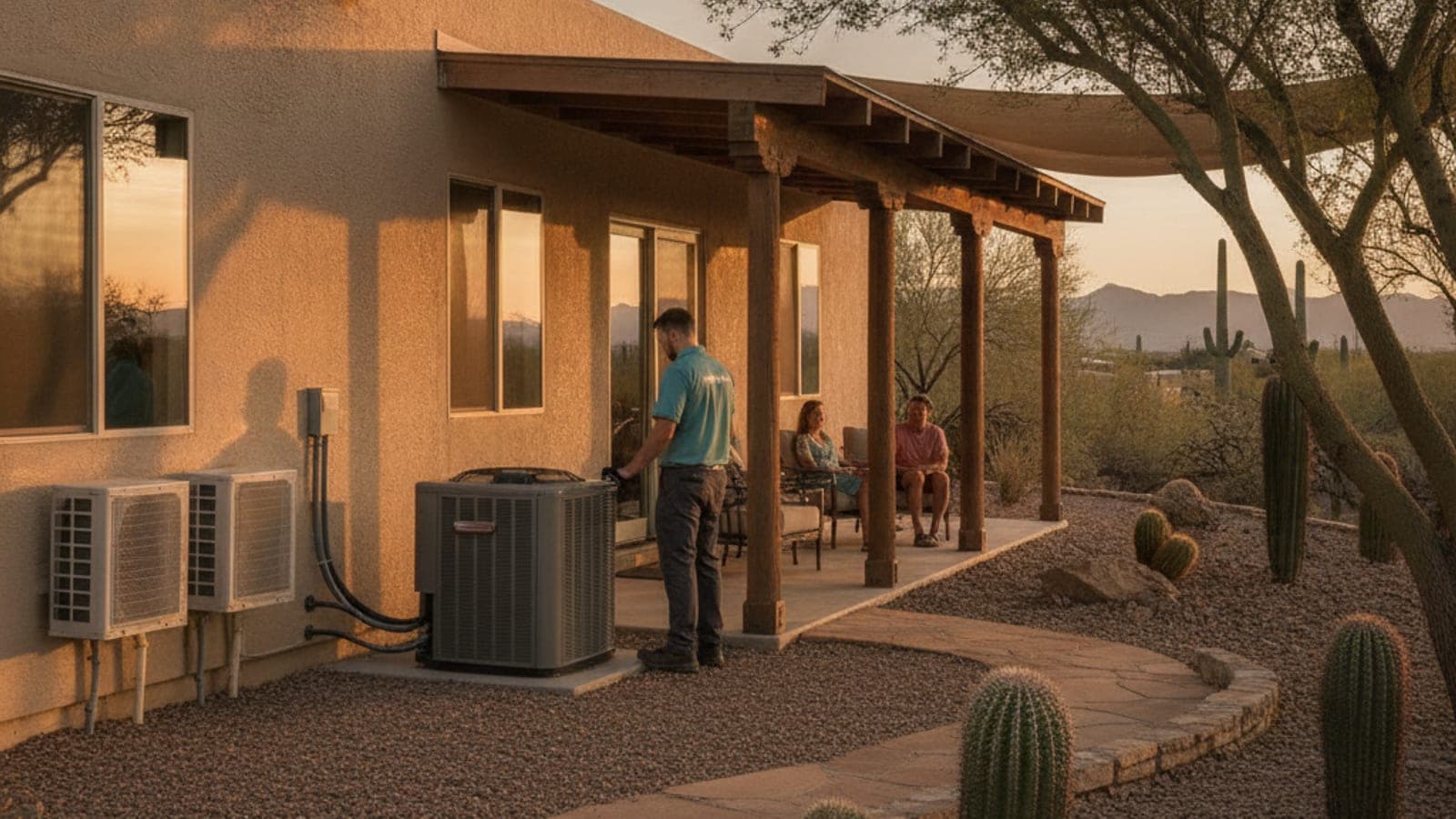 Casa de estuco de un piso con ventanas grandes al poniente y un patio con sombra en Tucson, con un saguaro y un palo verde en el jardín del frente