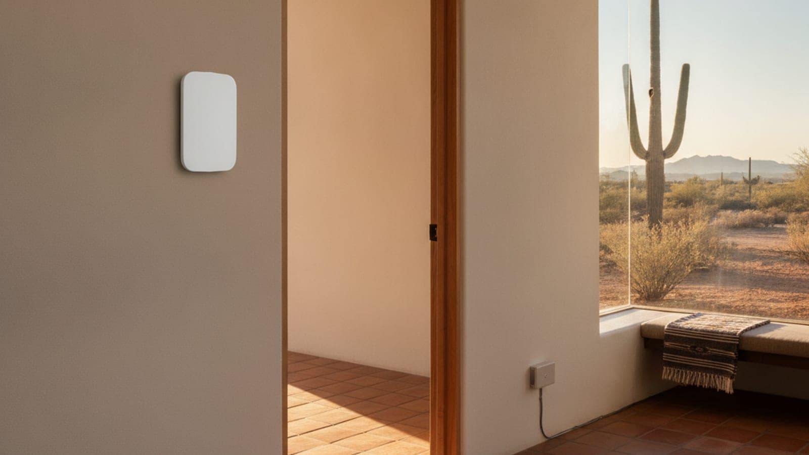 Termostato de pared en una sala luminosa de Tucson con piso de loseta y sol de una ventana al poniente