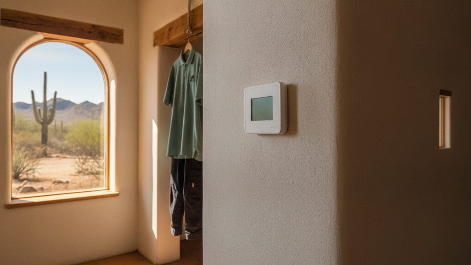 Termostato de pared en un pasillo de Tucson con luz cálida de tarde del desierto que entra por una ventana