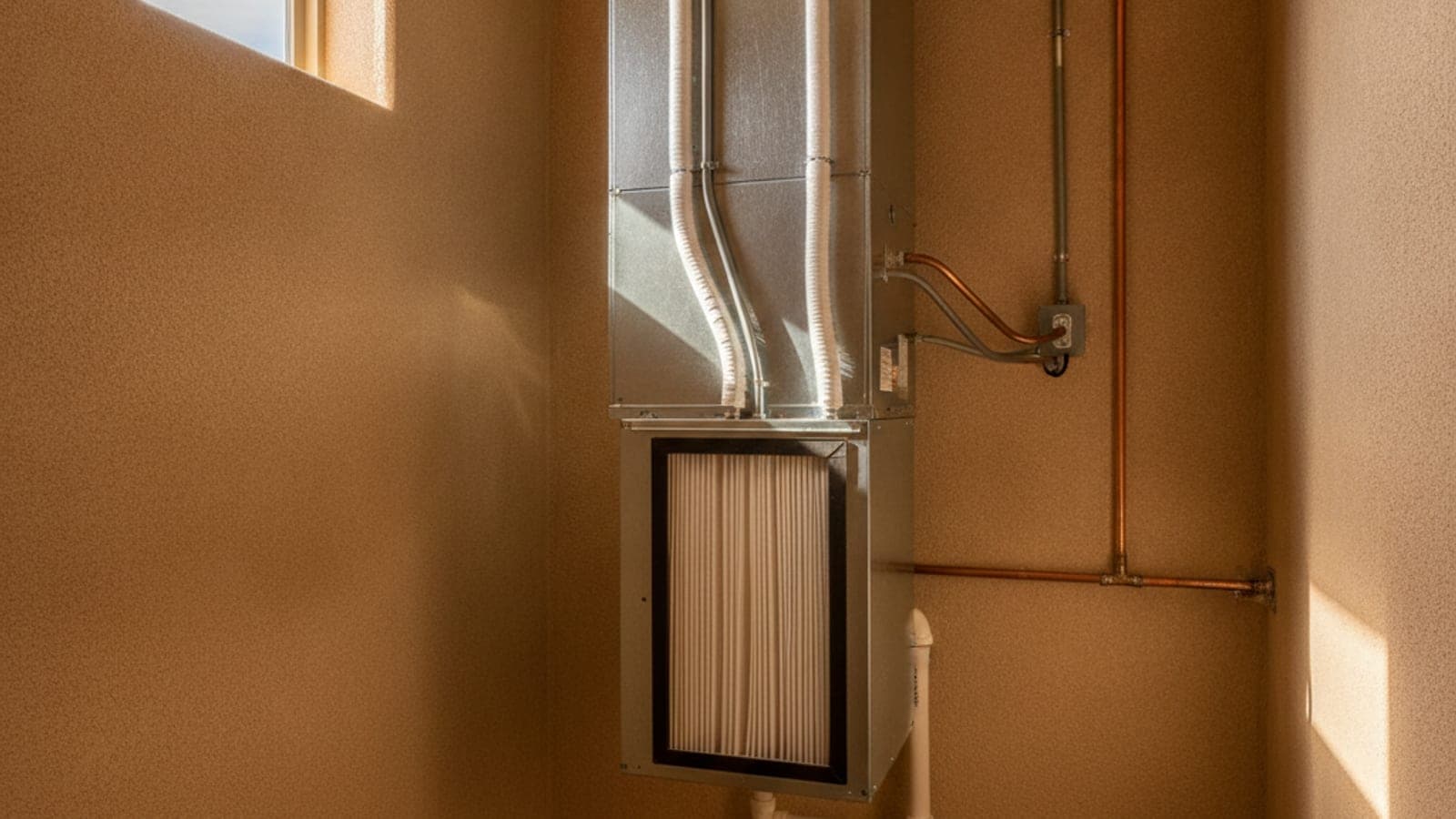 Manejador de aire con un gabinete de filtro nuevo en un clóset de servicio limpio de una casa de estuco en Tucson con luz del desierto por una ventana cercana