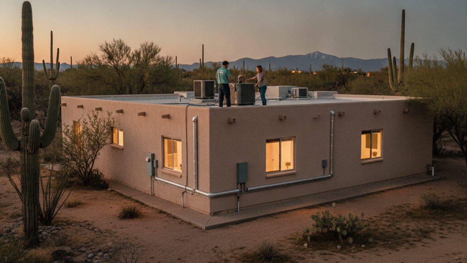 Casa de estuco en Tucson al atardecer con las ventanas abiertas y un cielo de noche que refresca detrás de un saguaro y un árbol de mezquite