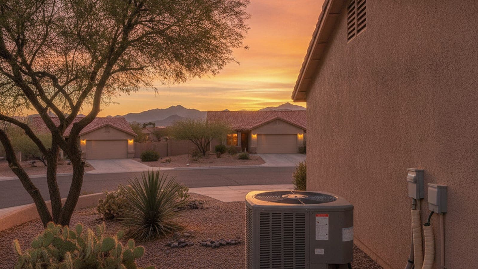 Luz del atardecer sobre una casa de estuco en Tucson con el condensador del aire funcionando junto a la pared