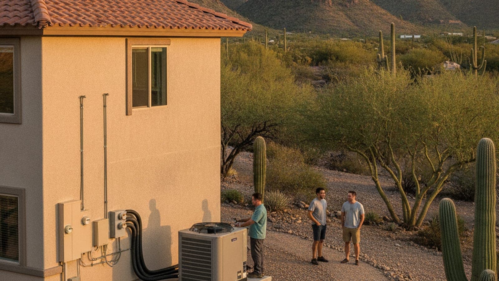 Casa de estuco de dos pisos en Catalina Foothills con techo de teja, saguaros y montañas al fondo bajo luz cálida