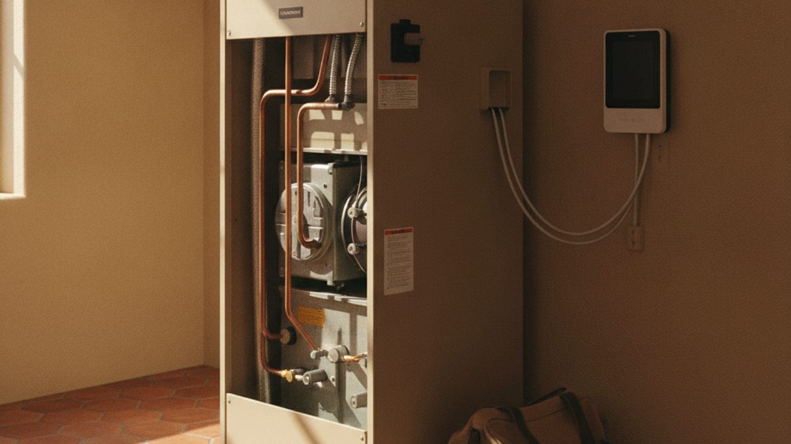 Calentador de gas en el cuarto de servicio de una casa de Tucson con el panel de acceso cerrado, piso de loseta y luz cálida del desierto desde una ventana cercana