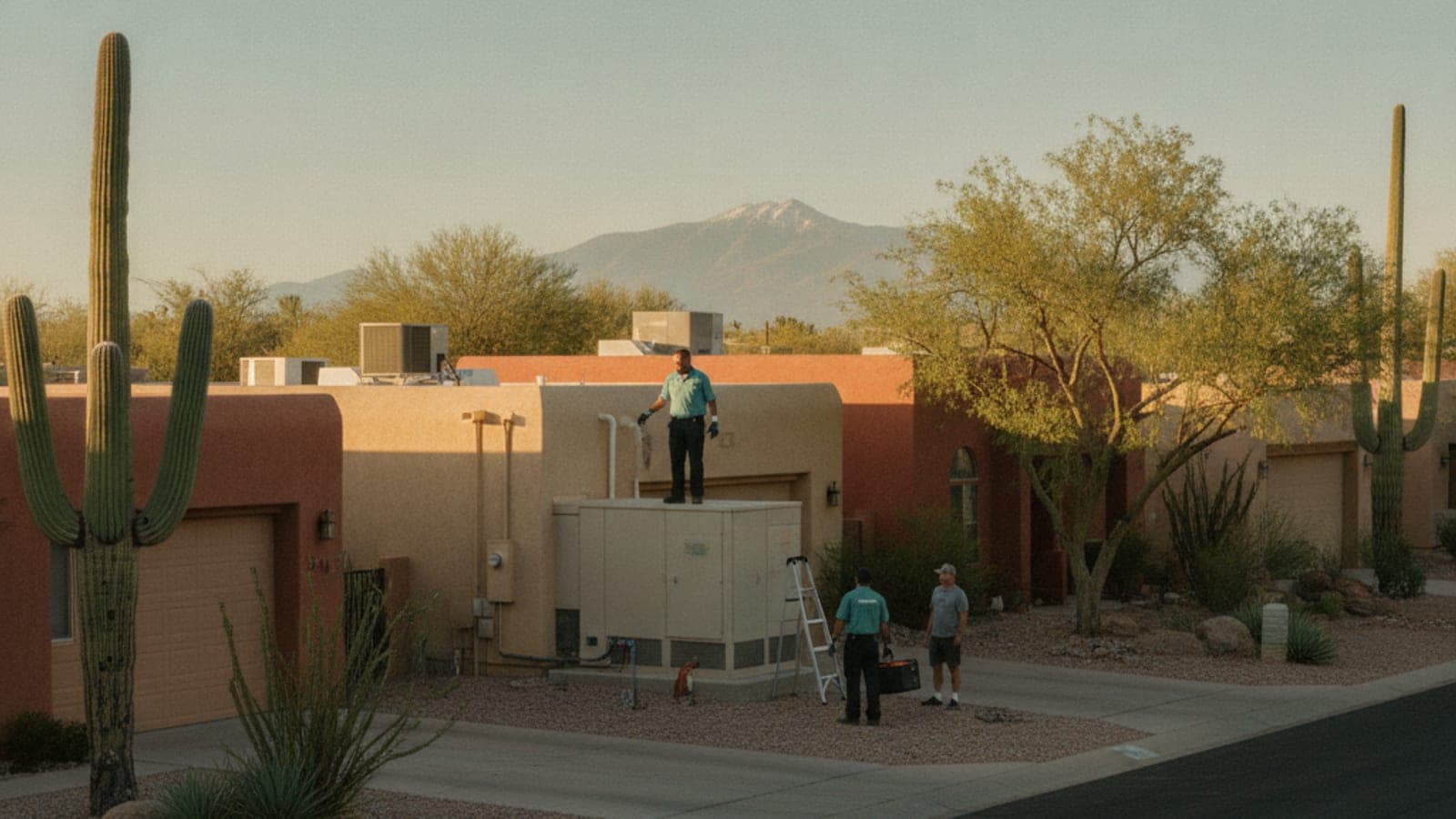 Hilera de casas de estuco de Tucson con unidades de aire acondicionado en el techo bajo un cielo despejado del desierto