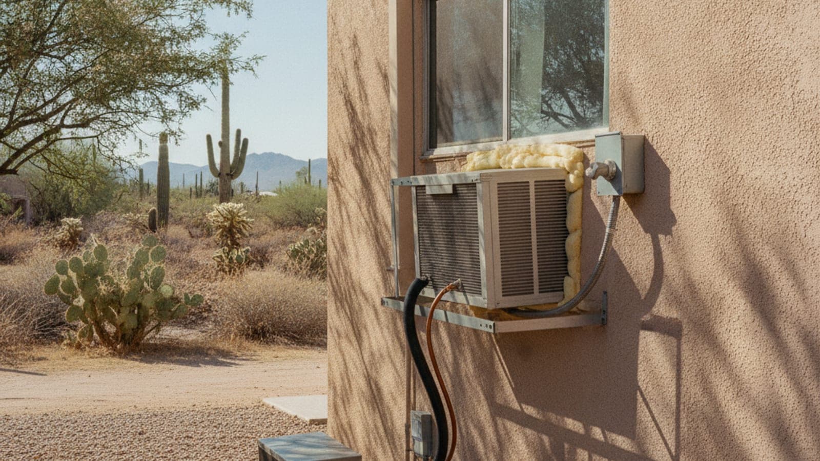 Aire acondicionado de ventana instalado en la ventana de un apartamento pequeño en Tucson, con luz del desierto y un mezquite afuera