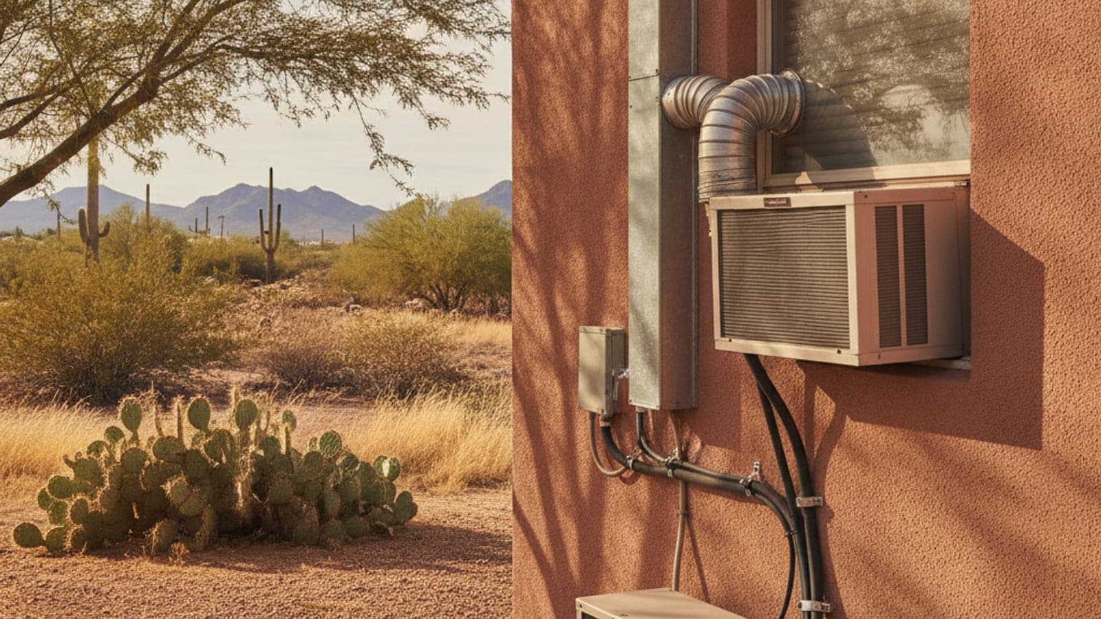 Aire acondicionado de ventana instalado en la ventana de un apartamento pequeño en Tucson con luz del desierto