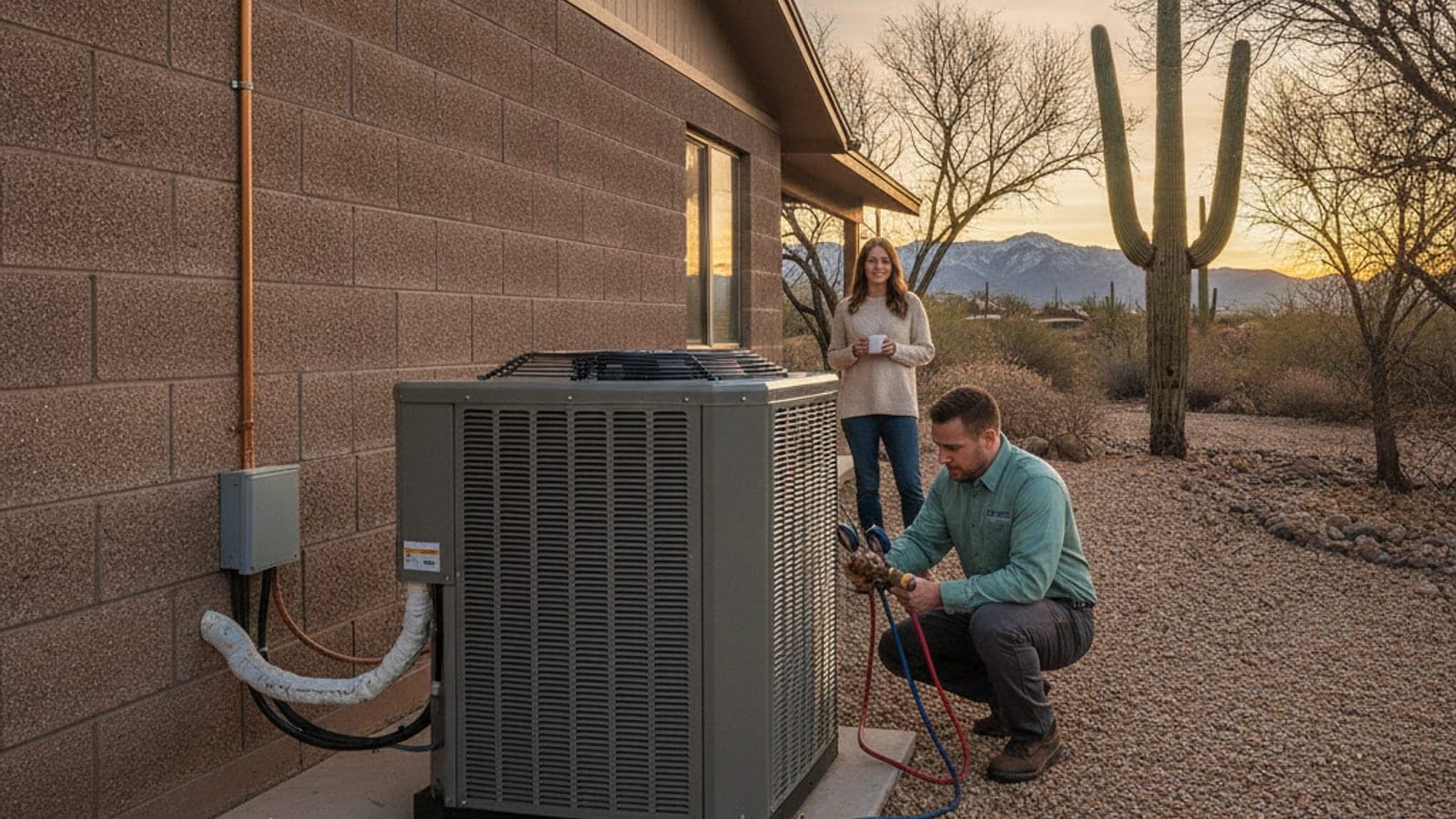 Casa de Tucson al amanecer con un patio de grava sin escarcha, una unidad exterior de bomba de calor y un saguaro bajo una luz fría y clara