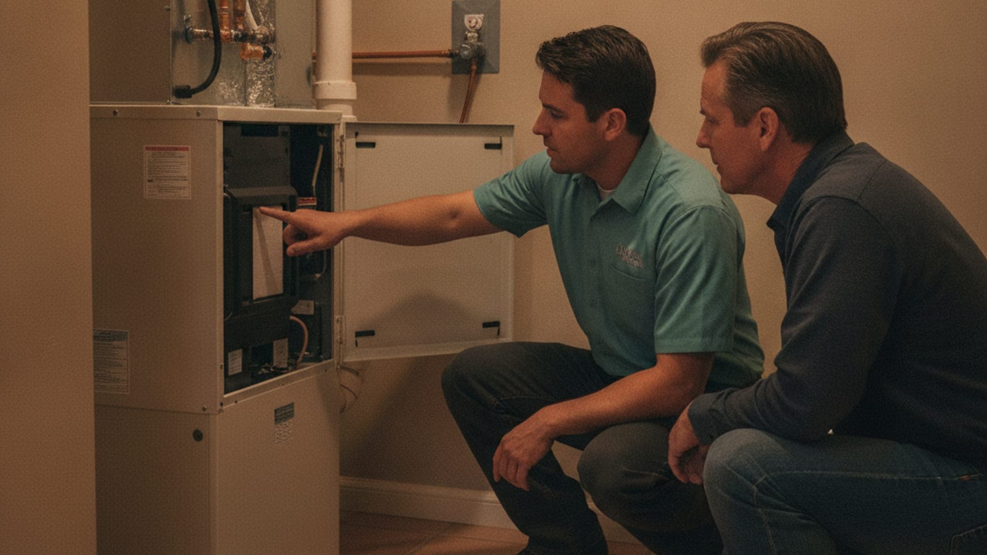 Técnico de aire acondicionado mostrándole a un propietario la configuración de un termostato inteligente dentro de una casa