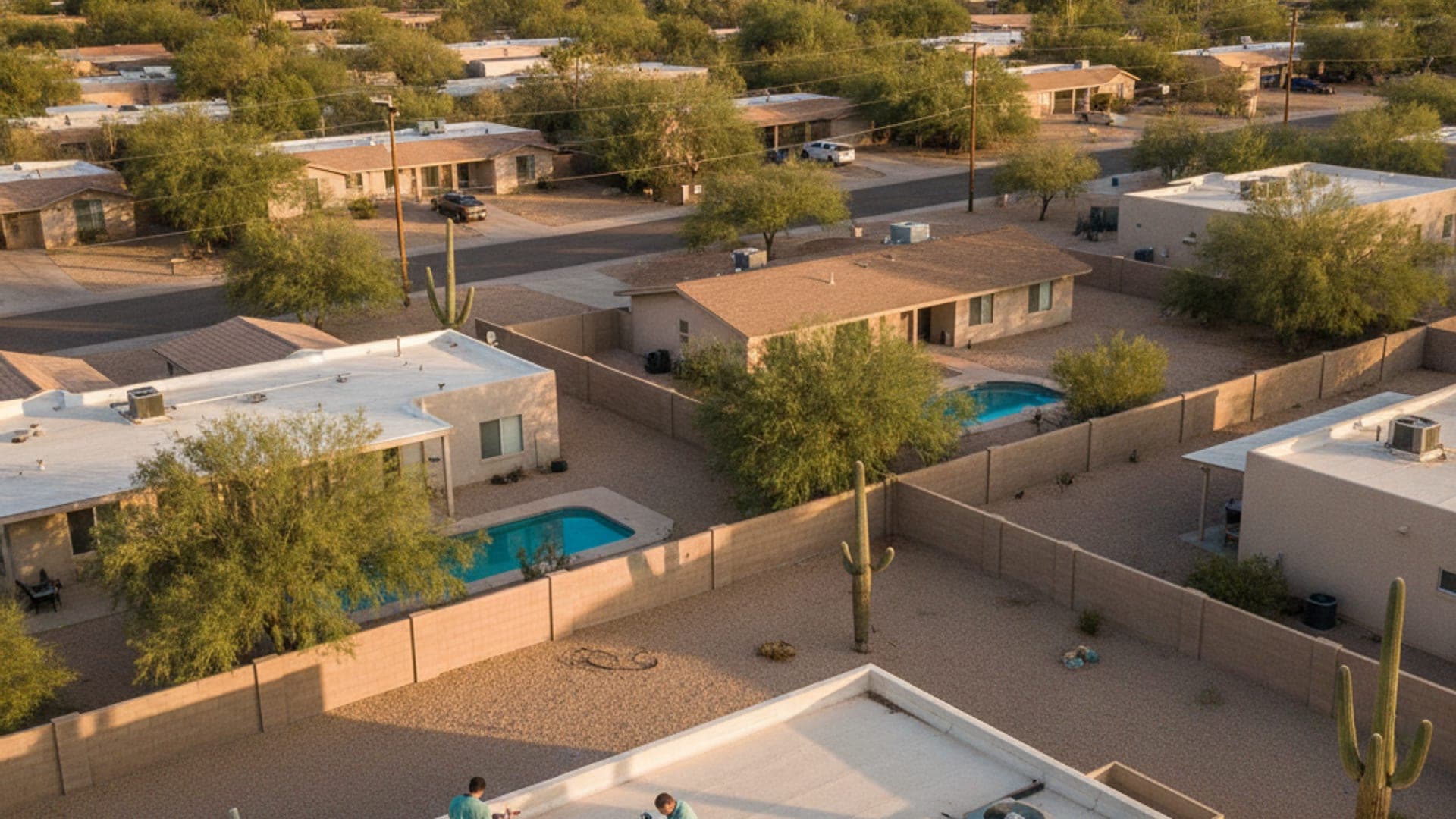 Casas de estuco en un vecindario de Tucson con unidades de aire acondicionado en el suelo y las montañas Santa Catalina al fondo
