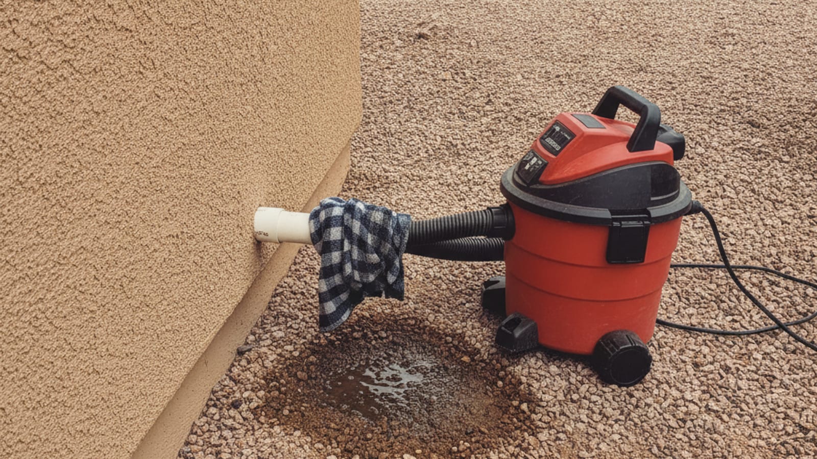 White PVC condensate drain line exiting a stucco wall beside a wet-dry shop vacuum in a Tucson side yard