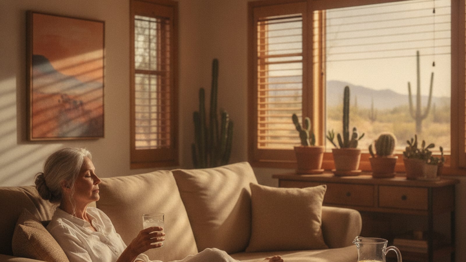 Persianas cerradas frenando el sol fuerte de la tarde en una sala de Tucson con una jarra de agua en la mesa