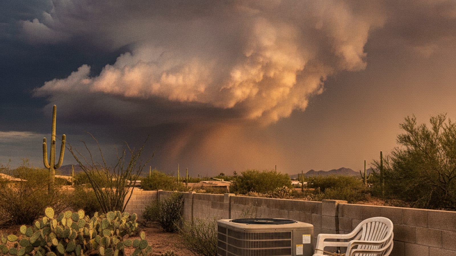 Nubes de tormenta del monzón sobre un vecindario de Tucson con un condensador junto a una barda de block