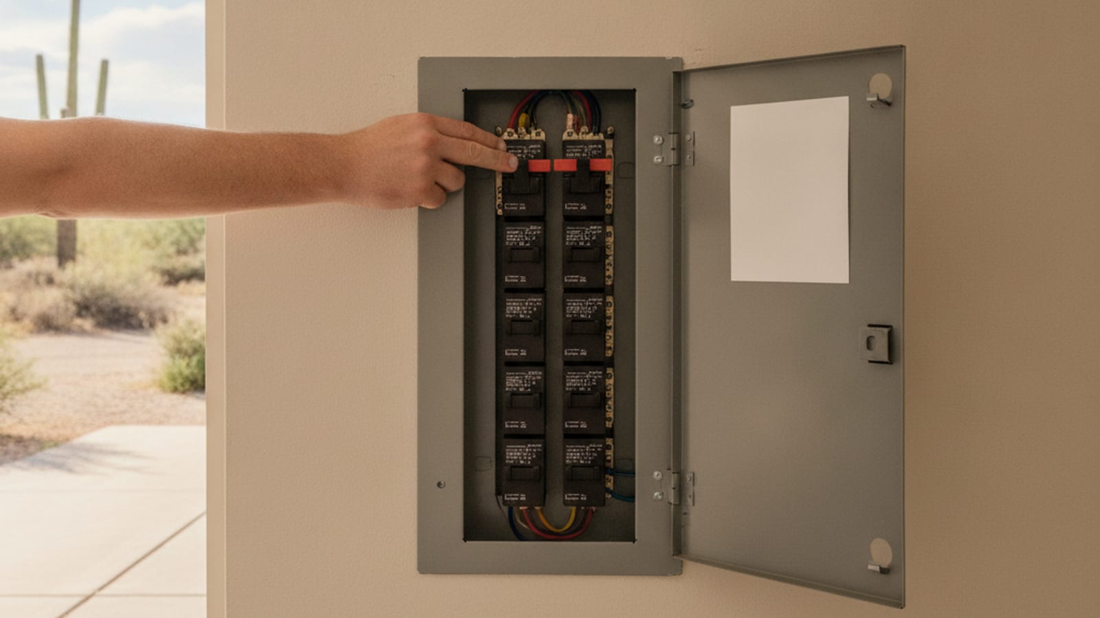 Open residential breaker panel on a garage wall with a double-pole breaker labeled for the air conditioner