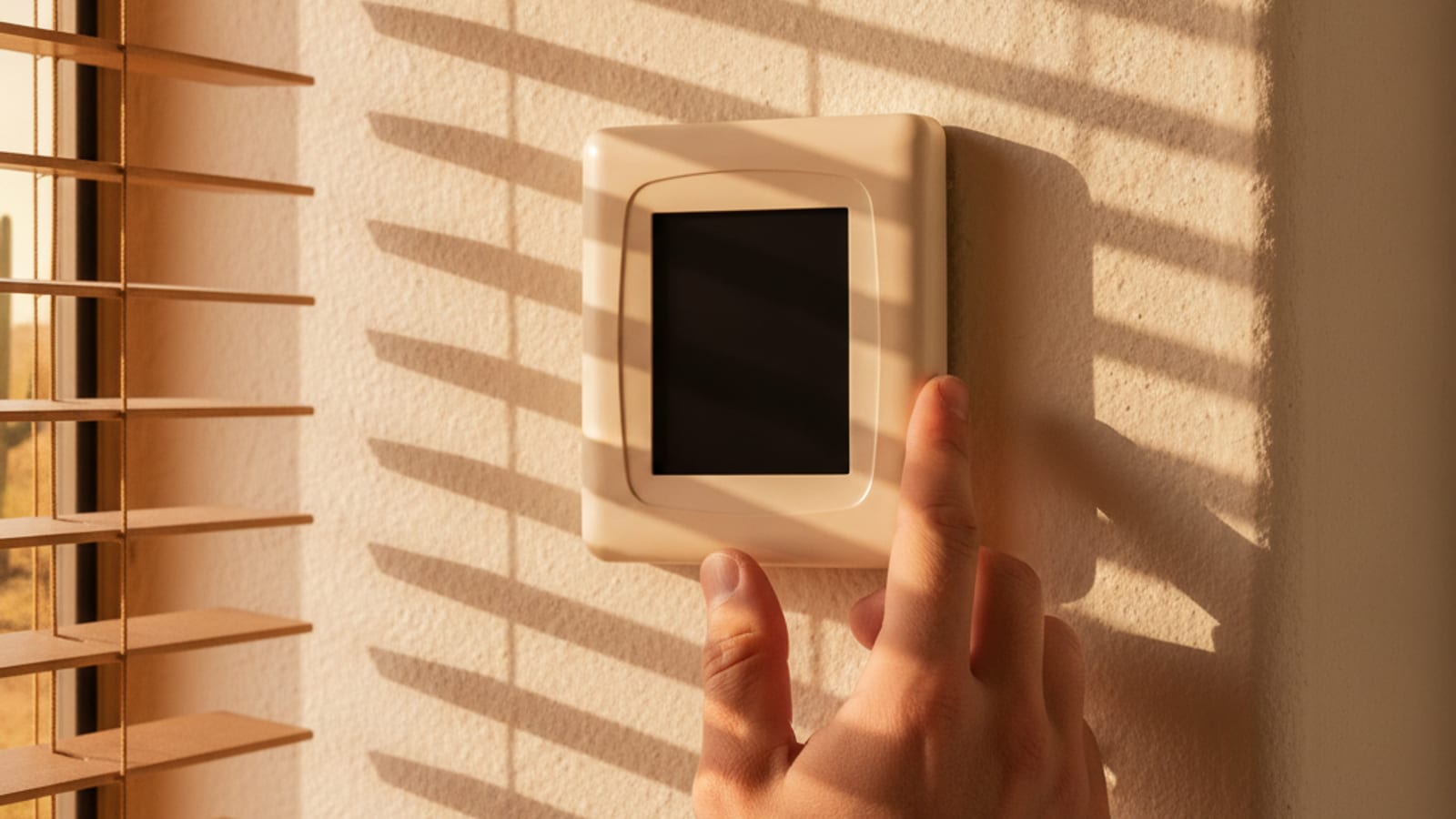 Mano ajustando un termostato programable en la pared de un pasillo de una casa de Tucson con sol de tarde