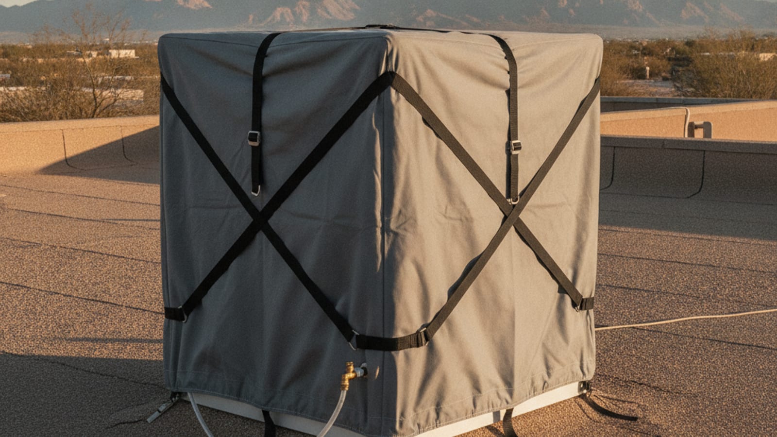 Rooftop evaporative cooler wrapped in a fitted cover on a flat roof in Tucson on a clear winter day