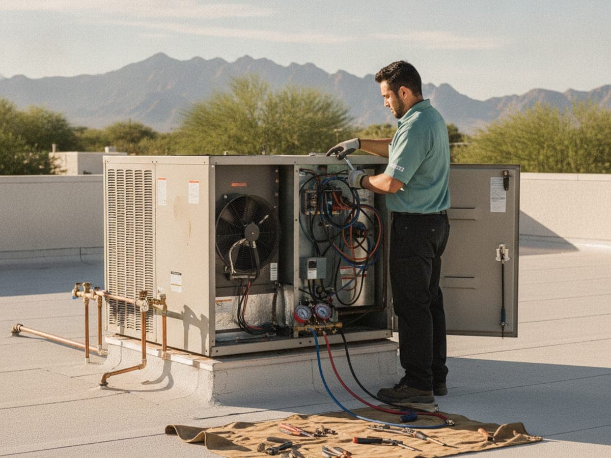 Unidad de HVAC de paquete en el techo plano de un local comercial bajo un cielo despejado del desierto