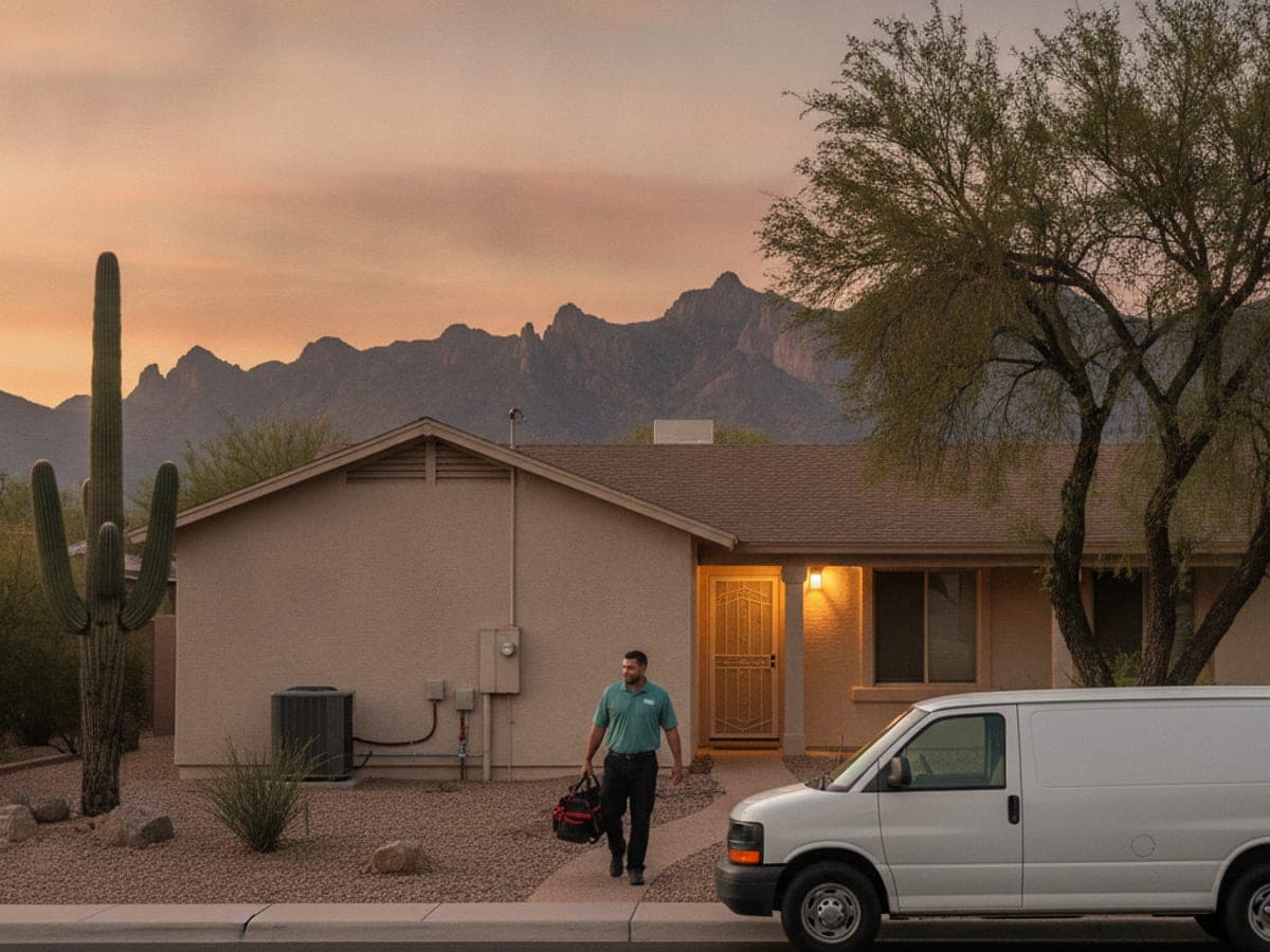 Camioneta de servicio de HVAC estacionada frente a una casa en el desierto al atardecer con una luz de trabajo prendida