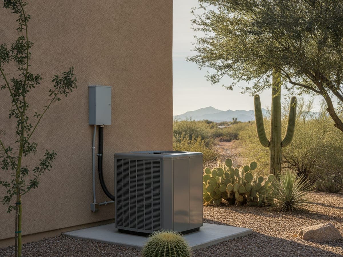 Unidad exterior de bomba de calor sobre una base junto a una pared de estuco con jardín desértico