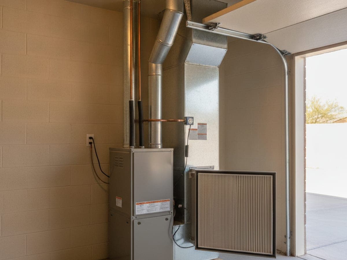 Whole-home media filter cabinet installed beside an indoor air handler