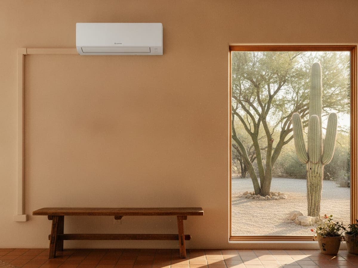 Unidad interior de mini split montada en la pared arriba de una ventana en una sala con mucha luz