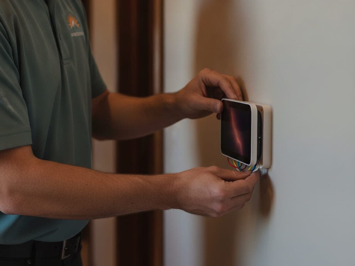 Termostato inteligente en la pared de una sala con su aplicación abierta en un teléfono